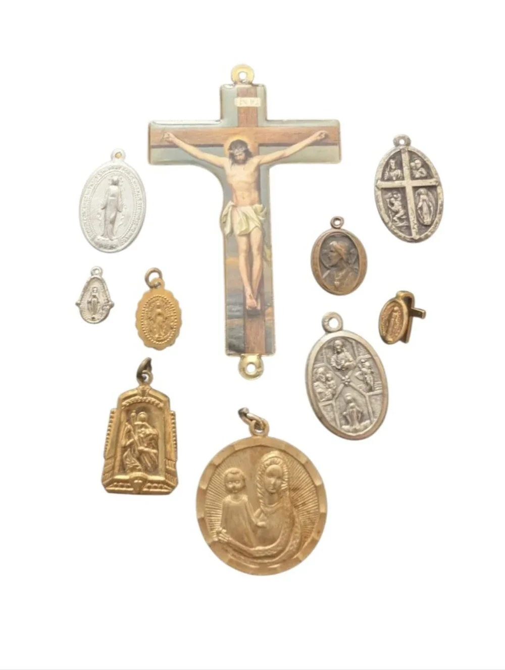 Vintage Religious Medal and Crucifix Set - Mixed Gold & Silver Tones